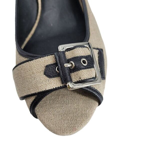 Vintage 80's Banana Republic Pumps 11 Tan Canvas Leather Buckle Open Toe Twee - Picture 11 of 15